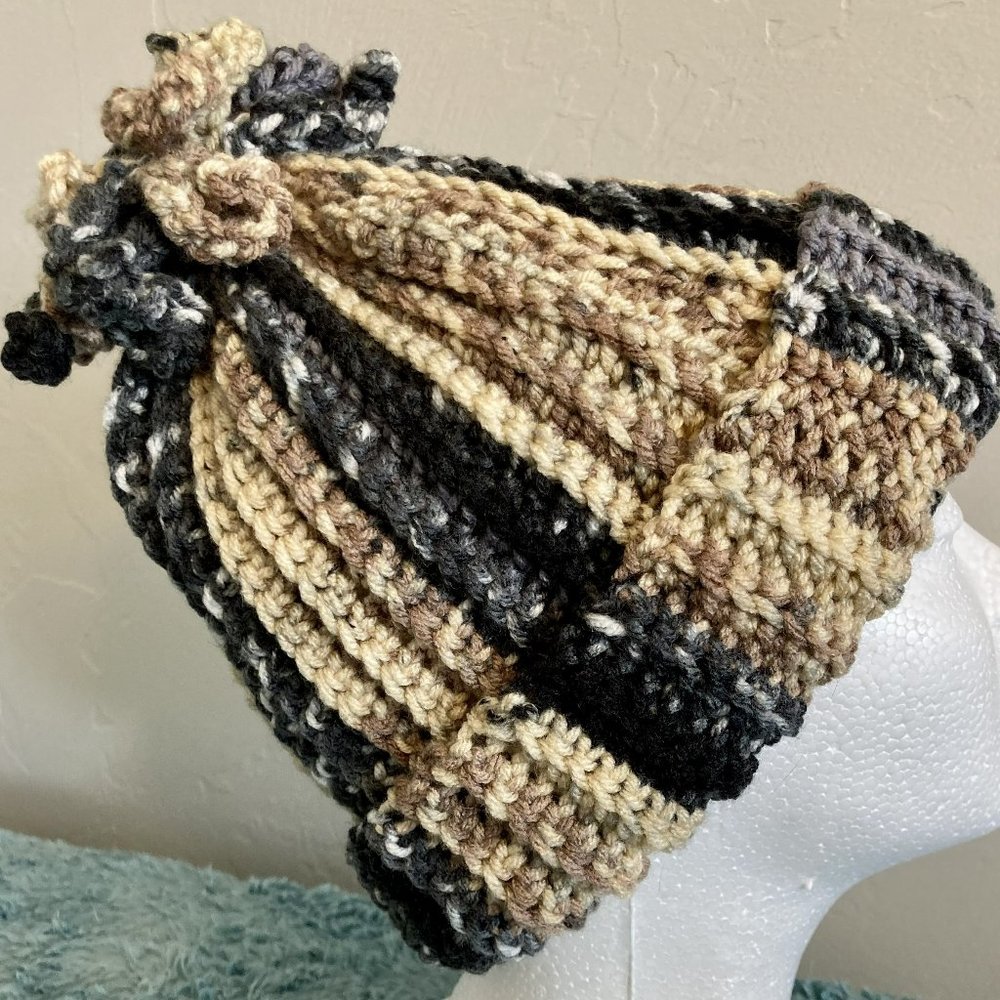 Adorable adult Beanie with Fringe! Color: Naturals Stripe